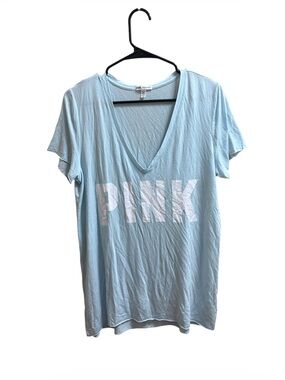 PINK Soft Pale Blue Graphic Logo V Neck Tee